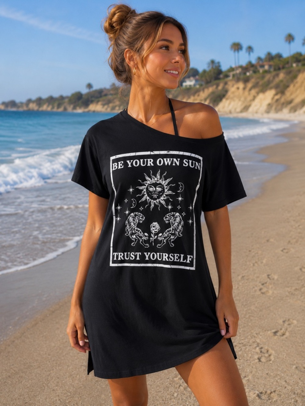 SHEIN Black Graphic Off-Shoulder Swim Cover-Up Tee